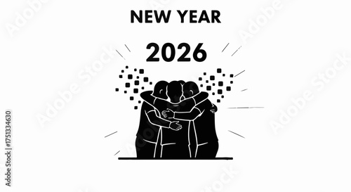 Joyful group embraces to celebrate the new year 2026 with festive confetti.