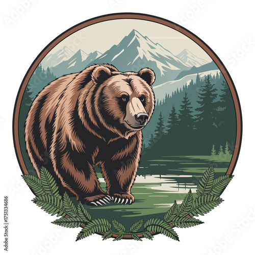 A digital illustration of a brown grizzly bear in a
circular emblem design