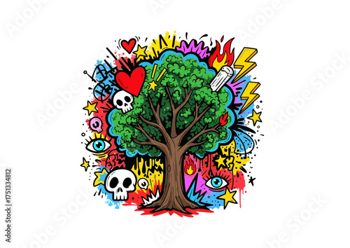 Black tree silhouette with leaf branches on white background and copy space