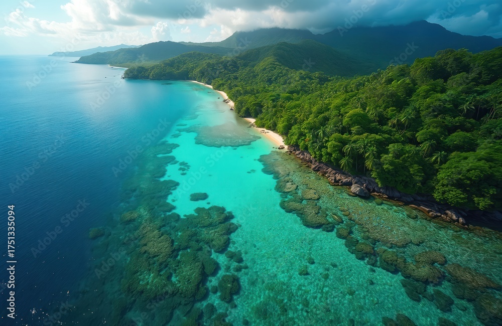 Fototapeta premium Aerial view of vibrant rainforest bordered by coral ecosystem in Solomon Islands. Rich plants meets turquoise sea water. Mountain range in background under cloudy sky. Tropical island landscape with