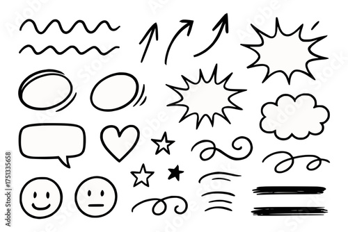 Hand Drawn Doodle Icon Collection in Black Ink on Transparent Background with Arrows Faces and Symbols