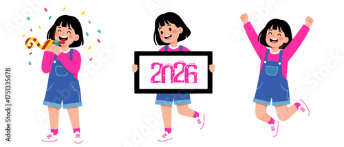 Happy New Year 2026 celebration with cheerful girl characters in festive poses, flat vector illustration, Perfect for New Year posters, greeting cards, banners, and holiday designs.