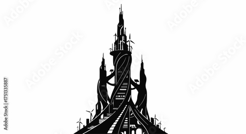 Futuristic skyscraper with renewable energy elements reaching towards the sky.