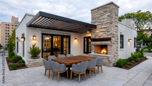 Modern fireplace outdoor dining. Cozy outdoor dining has a large wooden table and a stone fireplace, ideal for city gatherings.