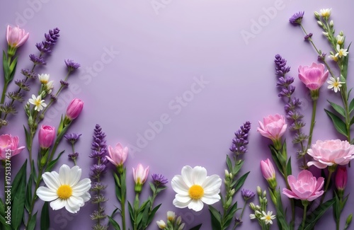 Gentle spring flowers border light purple background. Pink tulips, white daisies, purple lavender blooms create soft frame. Fresh floral design offers clean copy space. Beautiful garden elements for