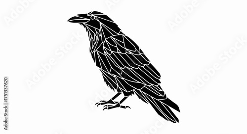 Stylized black raven silhouette with geometric feather patterns on a white background