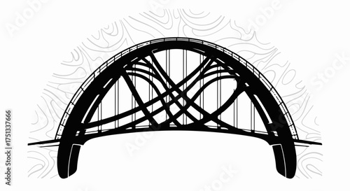 Modern architectural bridge design with intricate structural lines against a stylized background