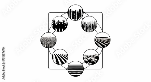 Circular diagram illustrates stages of agricultural land use and ecological transformation over time.