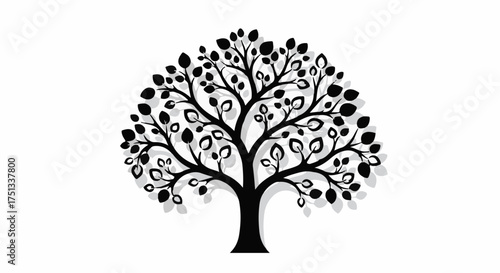 Stylized silhouette of a flourishing tree with detailed leaves and a subtle shadow