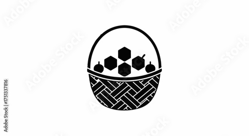 Simple illustration of a woven basket filled with fruits.