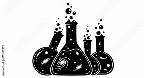 Whimsical laboratory flasks filled with swirling galaxies and bubbling liquid create a sense of wonder.
