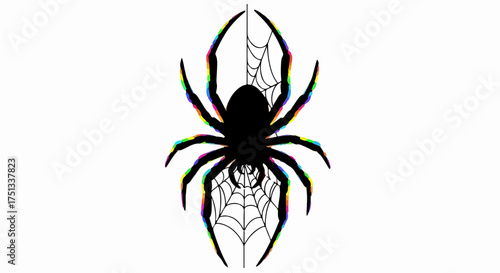 Eerie silhouette of a spider on its web with a glitch effect