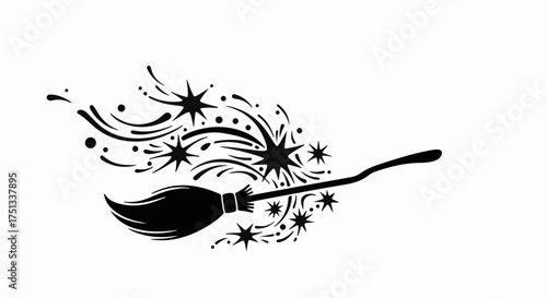 Magical broomstick flying with sparkling stars and swirls on a white background
