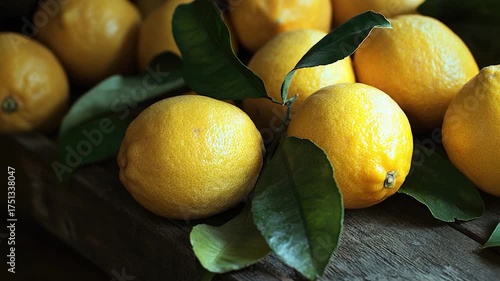 A cluster of lemons sits atop a rustic wooden crate, perfect for use in still life photography or as a prop for food-related concepts