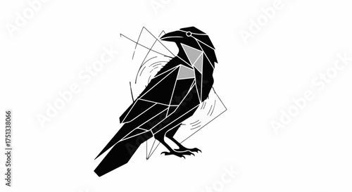 Modern geometric raven illustration with abstract lines on white background