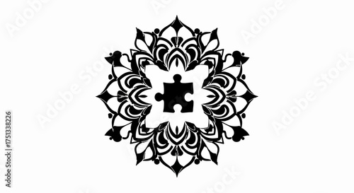 Intricate mandala design with a single puzzle piece at its center, symbolizing unity and completion.