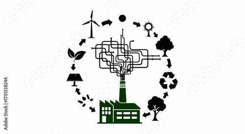 Interconnected renewable energy sources powering industry in a sustainable cycle.