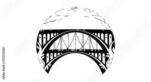 Intricate graphic illustration of a bridge within a circular frame, evoking urban structure and design.