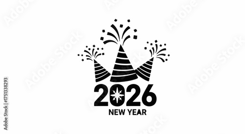 Festive New Year 2026 celebration with party poppers and fireworks against a white background.