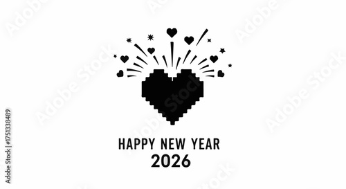 Pixelated heart with celebratory sparks and 'Happy New Year 2026' text