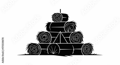 Whimsical stacked hay bales forming a festive pyramid shape against a clean background