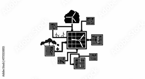 Diagram of renewable energy sources connected to a central grid system for sustainable power distribution.