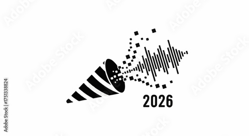 Celebration cone exploding with sound waves and confetti, marking the year 2026.