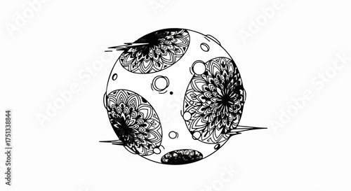 Abstract spherical object with intricate patterns and sharp protrusions on a white background.
