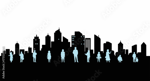 Diverse group of people standing against a vibrant city skyline silhouette.
