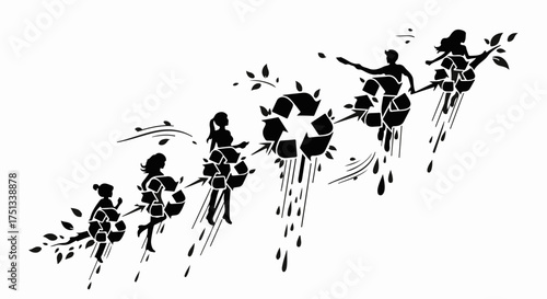 People in silhouette transform into recycling symbols, symbolizing environmental sustainability and growth.