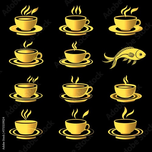 Elegant design elements featuring steaming cups of coffee and a fish on a background