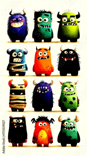 Unique collection of playful monsters in vibrant colors showcasing various expressions and characteristics - High Contrast