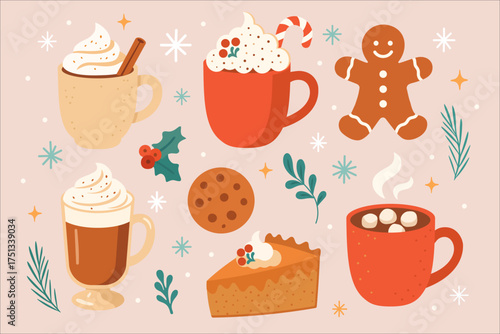 Winter Hot Drinks and Desserts Set — Cozy Christmas Vector Illustration. Cups of cocoa, coffee, and whipped cream drinks, with gingerbread cookies, pie, and festive sweets. Surrounded by snowflakes