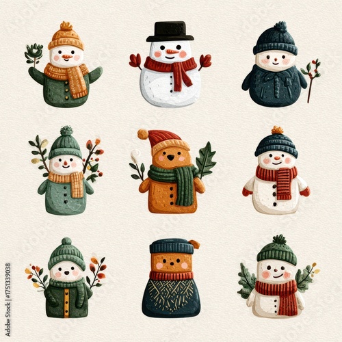 Cheerful snowmen and winter characters in festive attire celebrate the holiday season in a whimsical arrangement