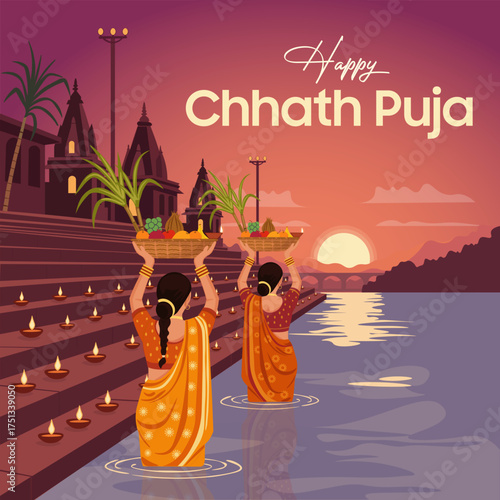 Indian festival of Chhath Puja – women worshipping Surya Dev on temple ghats during sunset with glowing diyas and offerings