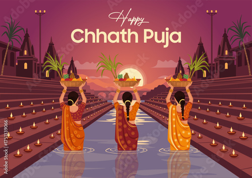 Chhath Puja celebration at river ghat – Indian women offering prayers to the sun with diyas and baskets at sunset