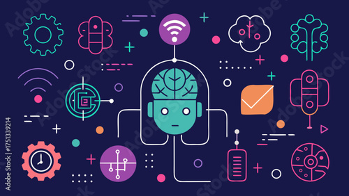 Artificial intelligence and machine learning concept illustration, showcasing interconnected neural networks and technology