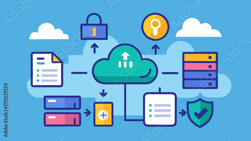 Cloud computing diagram illustrating data transfer and security with icons of files, locks, and servers on a light blue background
