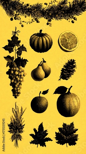 Seasonal harvest display featuring pumpkins, fruits, and autumn foliage in
