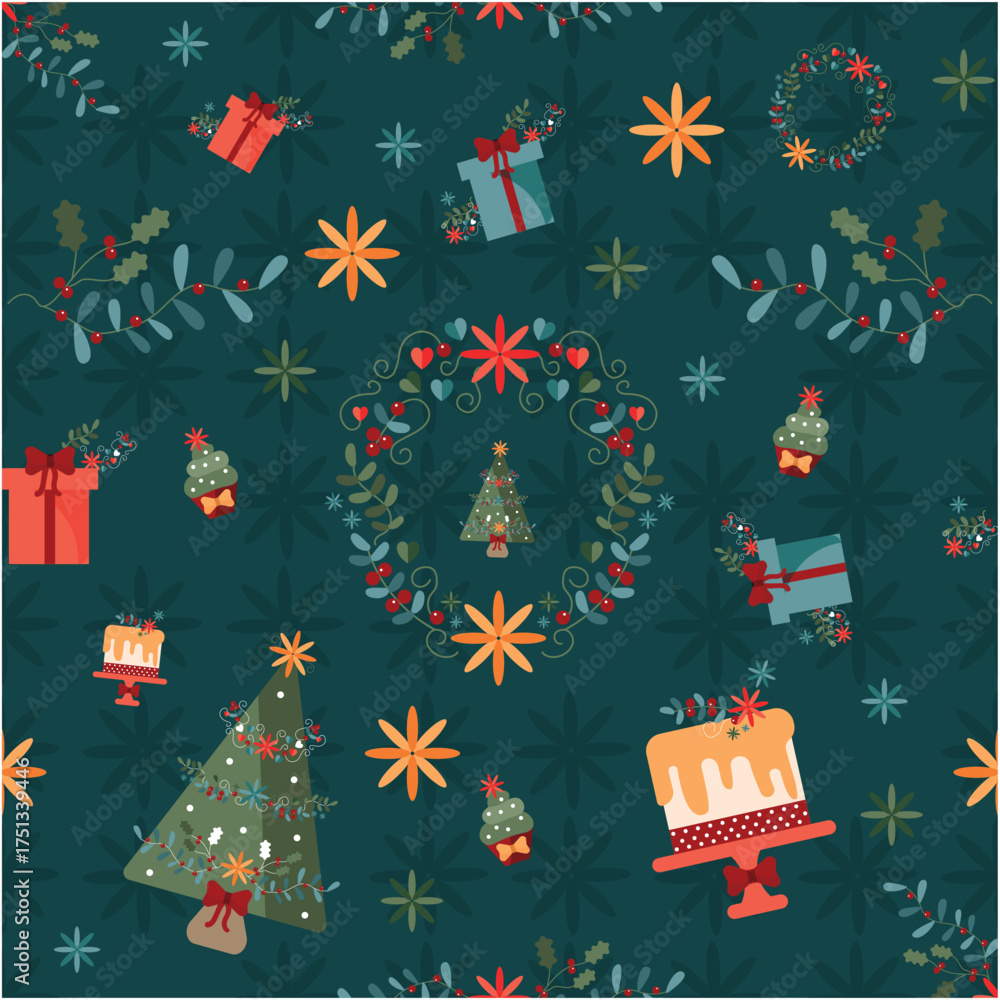 Seamless Christmas Pattern with Gifts, Trees, Cakes and Wreaths