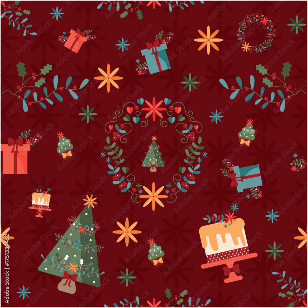 Seamless Christmas Pattern with Gifts, Trees, Cakes and Wreaths