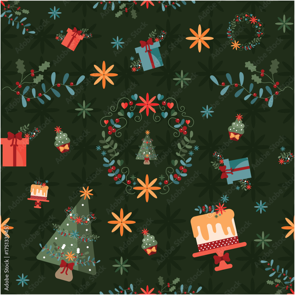 Seamless Christmas Pattern with Gifts, Trees, Cakes and Wreaths