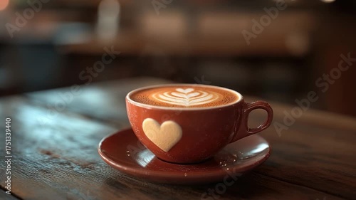 A cup of coffee on a saucer placed on a wooden table, perfect for a morning pick-me-up or a cozy evening moment