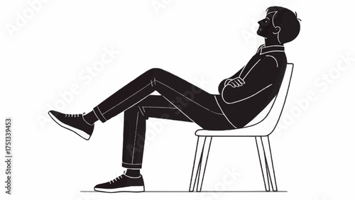 Silhouette of a man sitting on a chair with his legs crossed and arms folded looking upward in black