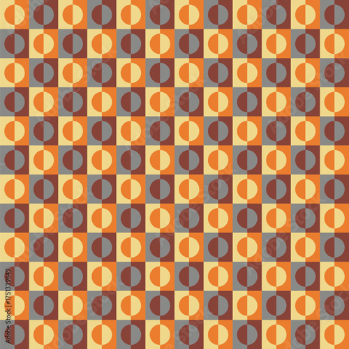 Pattern created from cream, orange, grey and brown circles and squares
