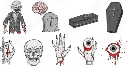 Halloween people silhouettes and icons vector set with zombie