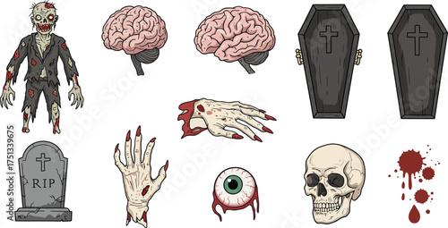 Hand drawn zombie skull illustrations vector set human brain head anatomy design icon symbol art medical science pattern