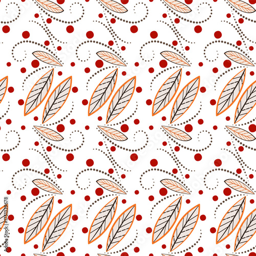 Autumn seamless repeating pattern of leaves and berries. Graceful floral ornament on white background. Autumnal plant vector illustration. Fall seasonal decor for textile, paper, etc.