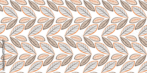 Autumn seamless repeating pattern of orange gray leaves. Holiday floral ornament of leaves on white background. Autumnal plant vector illustration. Fall seasonal decor for textile, paper, etc.