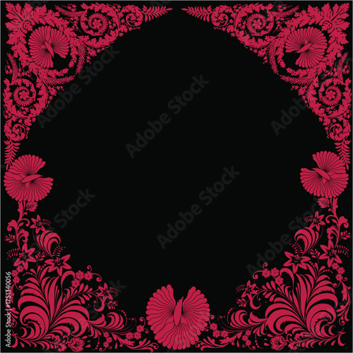 dark pink floral frame ornament on bkack
